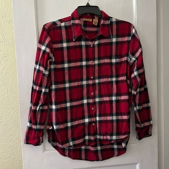 Wrangler Boho Warm Thick Red Plaid Button Down Long Sleeve Shirt Top - Picture 1 of 5